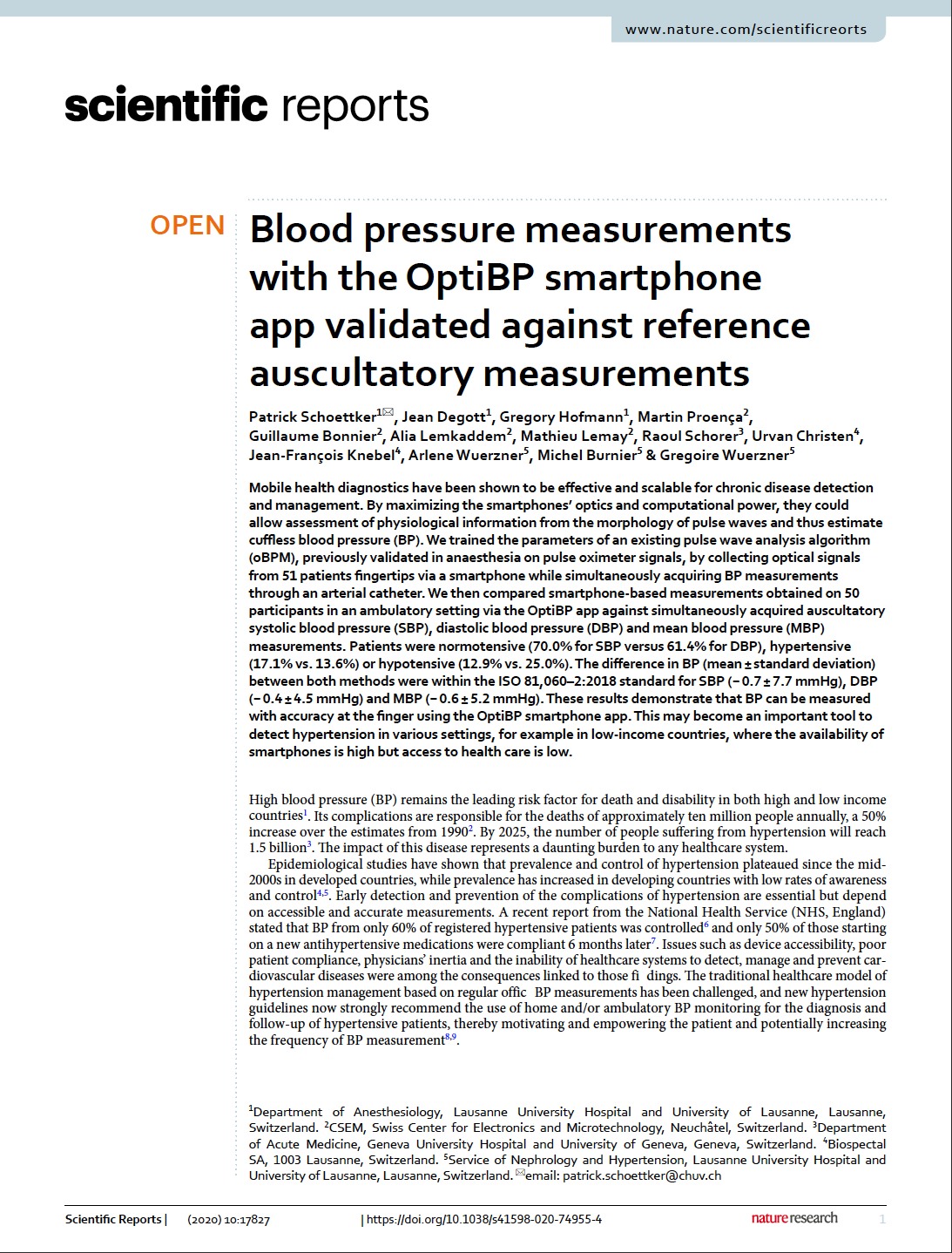 Biospectal Blood Pressure Study Publication in Scientific Reports in Nature.
